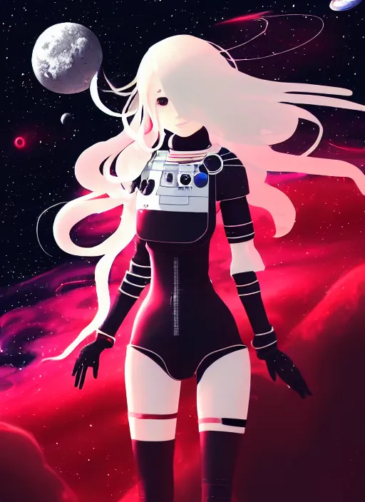 Prompt: highly detailed portrait of a hopeful pretty astronaut lady with a wavy blonde hair, by Brian Lee O'Malley, 4k resolution, nier:automata inspired, bravely default inspired, vibrant but dreary but upflifting red, black and white color scheme!!! ((Space nebula background))