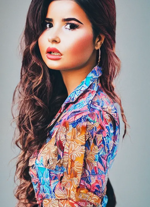 Image similar to portrait of demi rose wearing batik shirt, by francis giancobetti, natural light, detailed face, canon eos c 3 0 0, ƒ 1. 8, 3 5 mm, 8 k, medium - format print