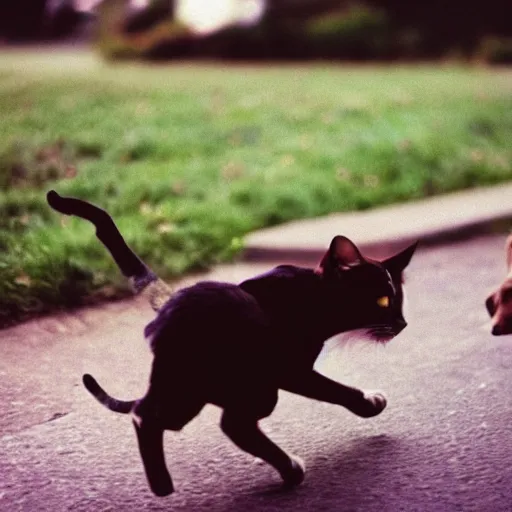 Prompt: a photo of a cat chasing a terrified dog, disposable film