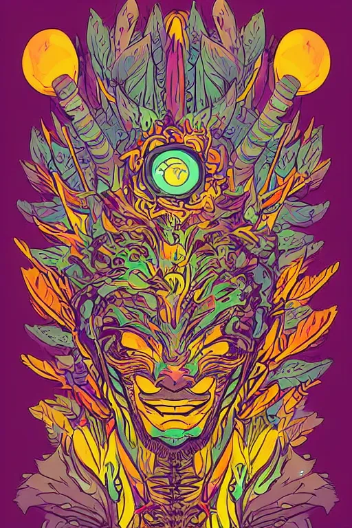 Image similar to animal mask totem roots flower tribal feather gemstone plant wood rock shaman vodoo video game vector cutout illustration vivid multicolor borderlands comics by josan gonzales and dan mumford radiating a glowing aura