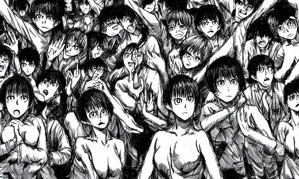 Image similar to a manga drawing of a group of people forming a cave with their bodies by Junji Ito