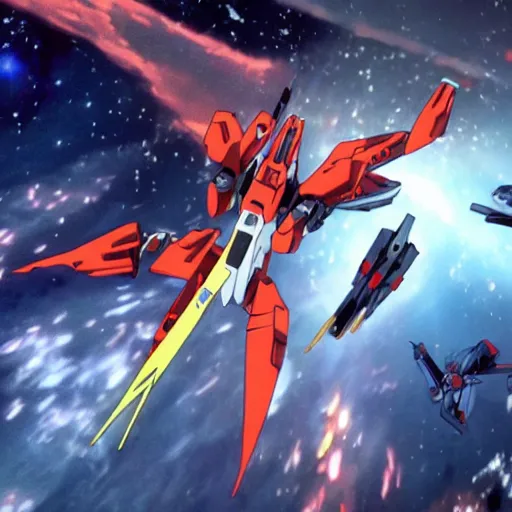 Image similar to cinematic scene of evangelion gundams fighting in space