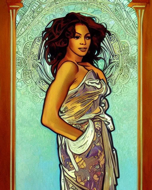 Prompt: a portrait painting of ( ( ( beyonce ) ) ) in the style of alphonse mucha!!!