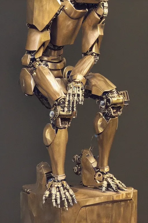 Prompt: beautiful oil clean painting of the thinker robotic mechanical mecha sculpture by auguste rodin connected to complex machine by wayne barlowe, rembrandt, complex, stunning, realistic skin color, 4 k, high res, awardwinning, masterpiece