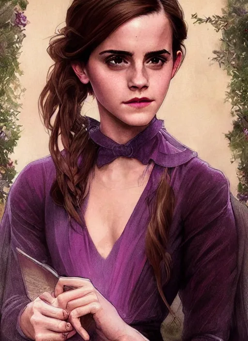 Image similar to emma watson at hogwarts!! at the yule ball wearing revealing elegant pink and purple dress. beautiful detailed face. by artgerm and greg rutkowski and alphonse mucha