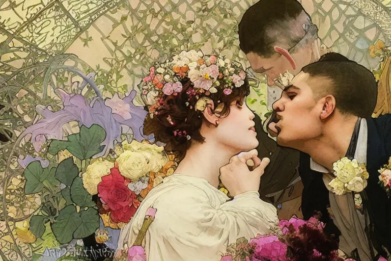 Image similar to the groom kisses the bride at a wedding full of flowers, bright and happy, dreamlike art, highly detail, 4 k realistic, wedding photoy krenz cushart. artem demura. alphonse mucha. yoji shinkawa artgerm. jon lothian. danilo torres. adi meyers. thomas reimann. gaston bussiere.