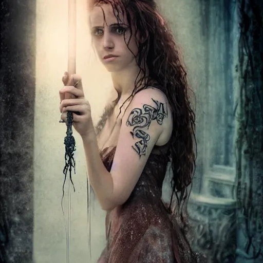 Prompt: Hermione in tattoos conjuring with a magic wand, by luis royo art, dressed beautiful gown, beautiful eyes, Beautiful face, by Aggi Erguna, high detail, high resolution, art from harry potter, by David Lazar and Annie Leibovitz 500px photos, top cinematic lighting , cinematic mood, very detailed