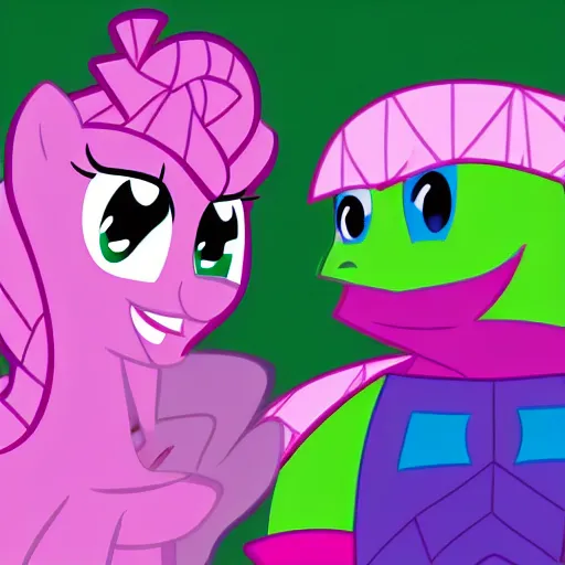 Image similar to pinky pie from my little pony talking to a teenage mutant ninja turtle