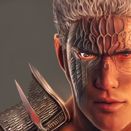 Image similar to photorealistic portrait of guts from berserk extremely detailed, made by wlop and maxwell boas