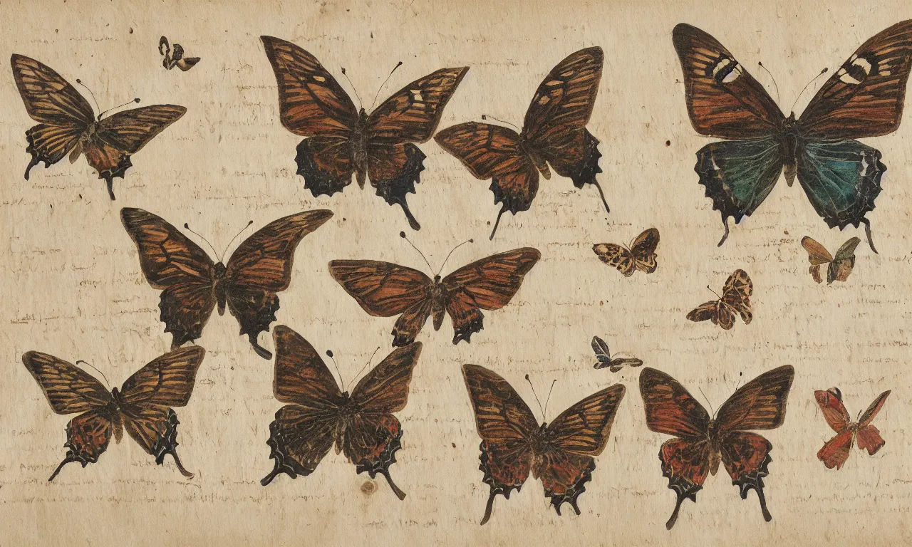 Prompt: taxonomy illustrations of butterflies in the style of carl linnaeus. watercolour on parchment. close up, wooden frame 8 k /