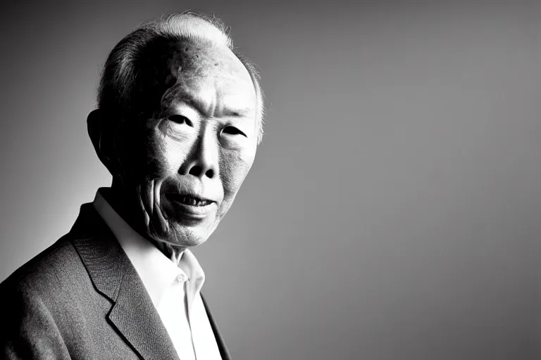 Image similar to black and white portrait photo of lee kuan yew, slight smile, natural light, low contrast, photo by Peter Lindbergh, 8K