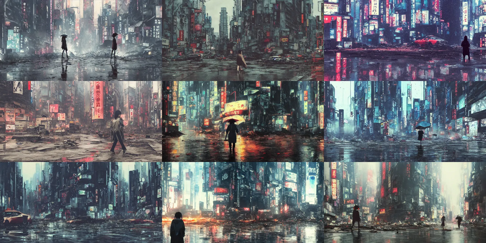 Prompt: incredible wide screenshot, ultrawide, simple water color, paper texture, katsuhiro otomo ghost in the shell movie scene, backlit shot girl in parka, wet dark road, parasol in deserted junk pile shinjuku, broke machines, bold graffiti, destruction, reflection puddles, fog!, buildings on fire!!!!!!!