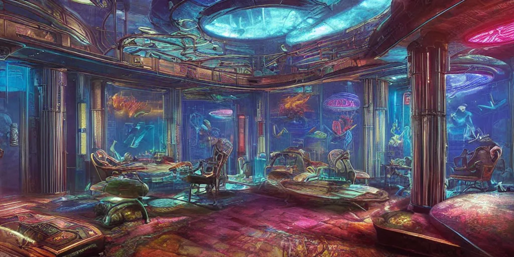 Prompt: interior of luxurious vaporwave cyberpunk atlantean bedroom by james gurney, josh kirby, alan lee as a bioshock environment