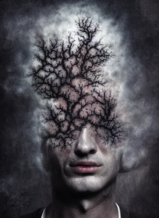 Image similar to dramatic matte portrait painting of man with black mandelbrot fractal instead of face, horror, body horror, dark art, 4 k, detailed, realistic, psychotic, insane, crazy, mental illness, dramatic,