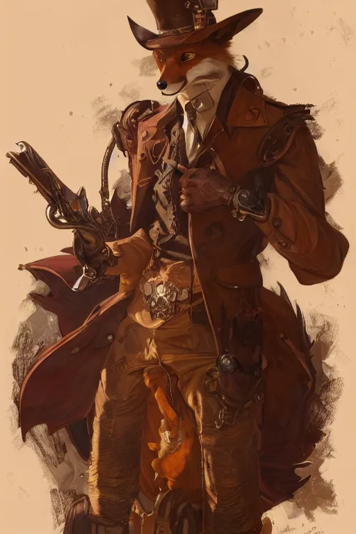 Image similar to heroic character design of anthropomorphic whimsical fox, portrait, western, steampunk, clint eastwood pose, duster, fantasy, intricate, elegant, highly detailed, digital painting, artstation, concept art, sharp focus, illustration, art by artgerm and greg rutkowski and alphonse mucha