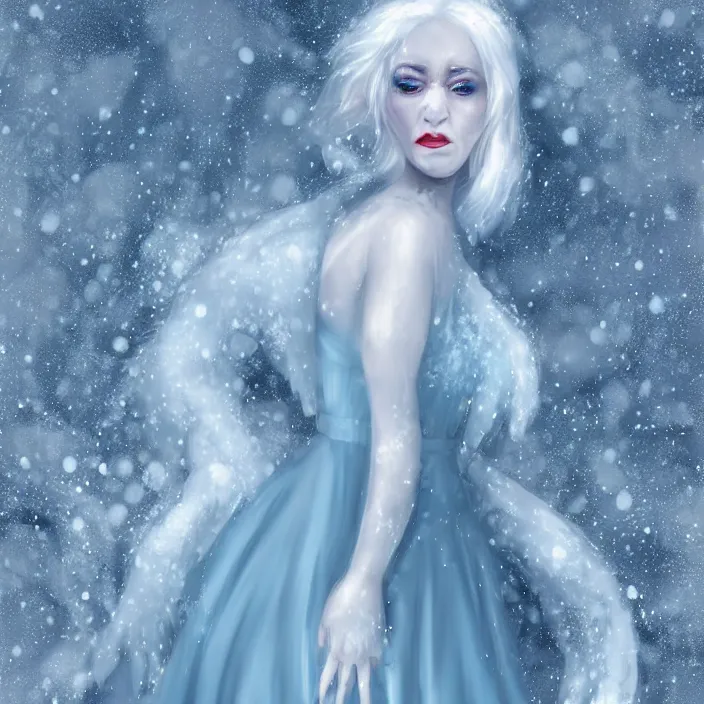 Image similar to full body portrait of a sickly looking woman dying of hypothermia, with very white skin and pale blue hair wearing a long white dress made out of snowflakes in the middle of a heavy snowstorm. blue lips. digital art by maromi sagi