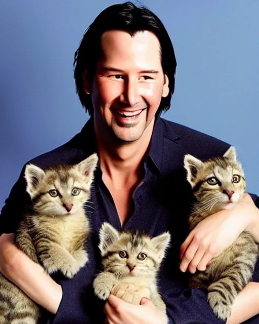 Image similar to “ head and shoulders glamour portrait of keanu reeves smiling at the camera and cradling four kittens in his arms, pastel colored glittery background, extremely high quality photo, studio lighting, 8 k, hd, hdr ”