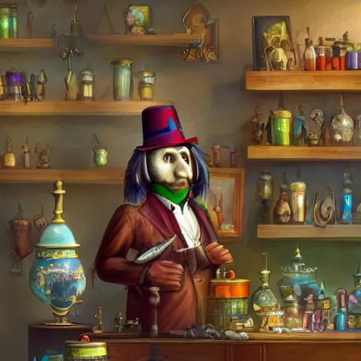 Image similar to Anthropomorphized parrot trader in his shop, presenting his wares, portrait, items, magic potions, carpet, window, fancy hat, sly expression , cunning expression, cute expression, presenting wares, D&D, fantasy, cinematic lighting, highly detailed, digital painting, artstation, concept art, smooth, sharp focus, illustration, warm light, cozy warm tint, magic the gathering artwork, volumetric lighting, 8k, art by Akihiko Yoshida, Greg Rutkowski