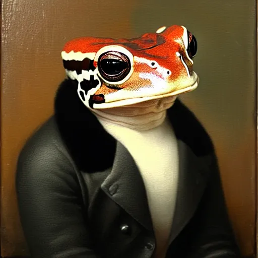 Prompt: a head - and - shoulders portrait of an amazon milk frog wearing a black buttoned jacket, an american romanticism painting, a portrait painting, cgsociety, soft focus, oil on canvas