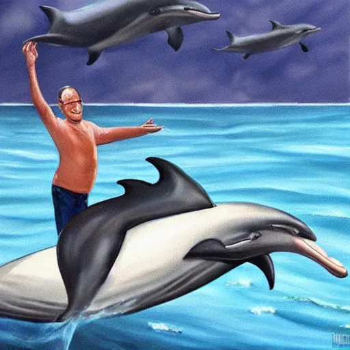 Image similar to steve jobs riding a dolphin, painting