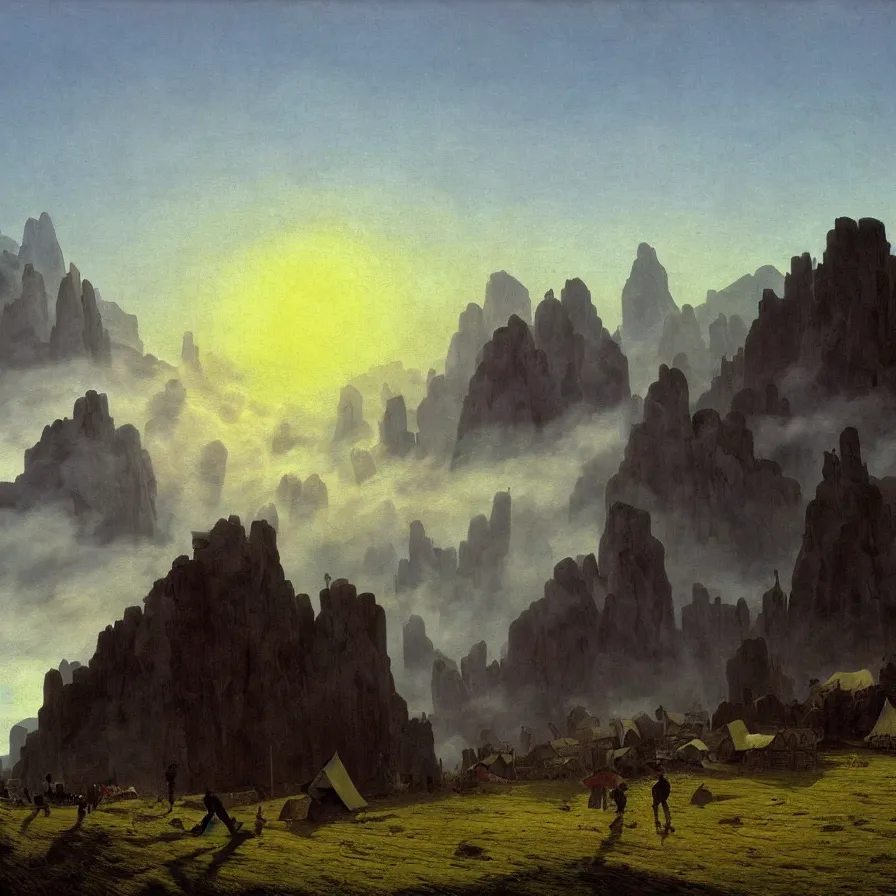 Image similar to village above the clouds, sharp pointy mountains, wooden platforms, tents, colors, misty clouds, sun at dawn, brutalism, painting by caspar david friedrich