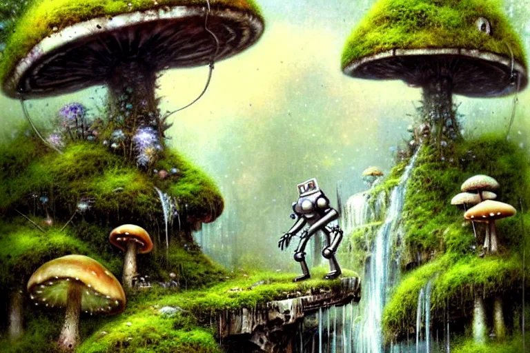 Image similar to adventurer 1 9 5 0 s retro future robot android primate in forrest of giant mushrooms, moss and flowers stone bridge waterfall. muted colors. by jean baptiste monge