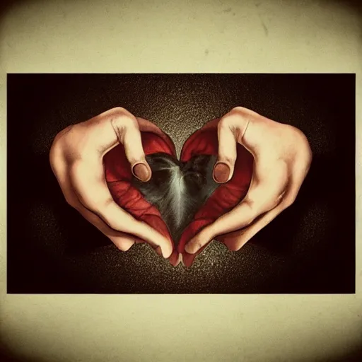 Image similar to a photoillustration of hands ripping a heart in two broken pieces, sadness, dark ambiance, an album cover by Godfrey Blow, featured on deviantart, lyco art, artwork, poster art