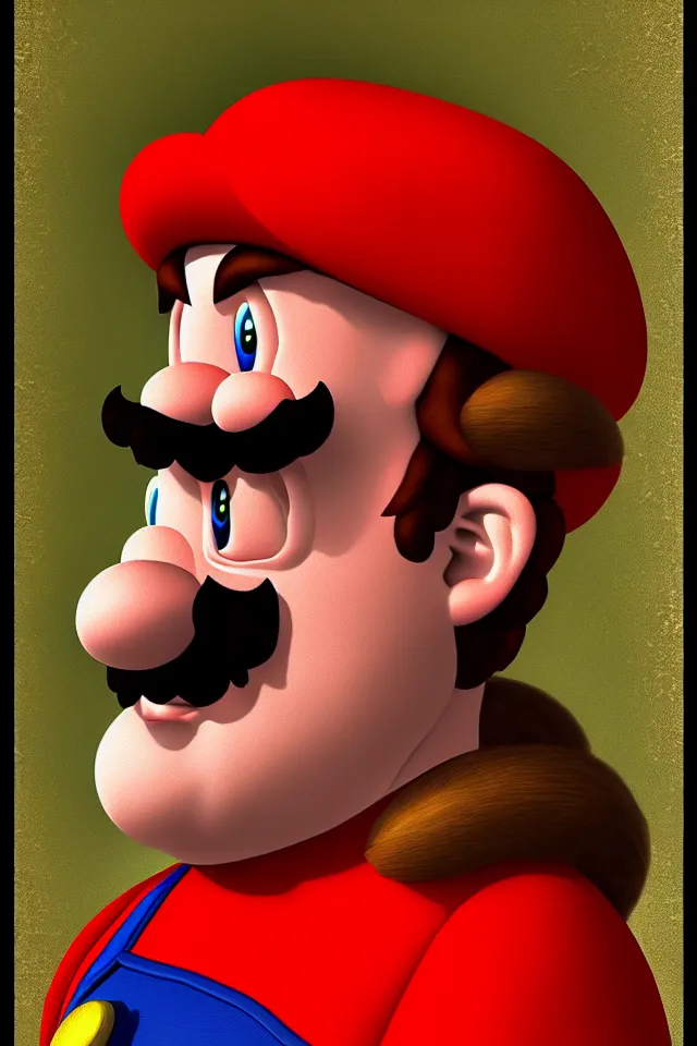 Prompt: bizarre renaissance portrait of mario as a highly detailed realistic real life person, dramatic cinematic lighting, 8 k, beautiful intricate painting