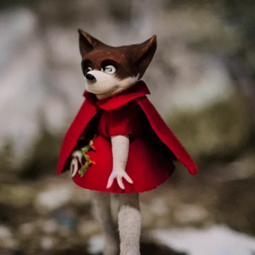 Image similar to a cinematic film still of a claymation stop motion film starring emma watson as little red riding hood, and realistic wolf, shallow depth of field, 8 0 mm, f 1. 8