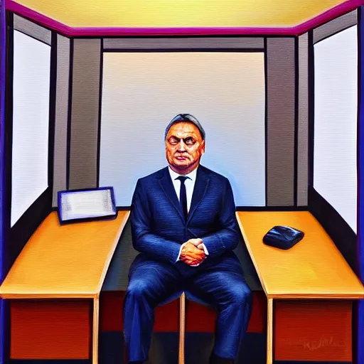 Image similar to viktor orban in a cubicle, oil painting