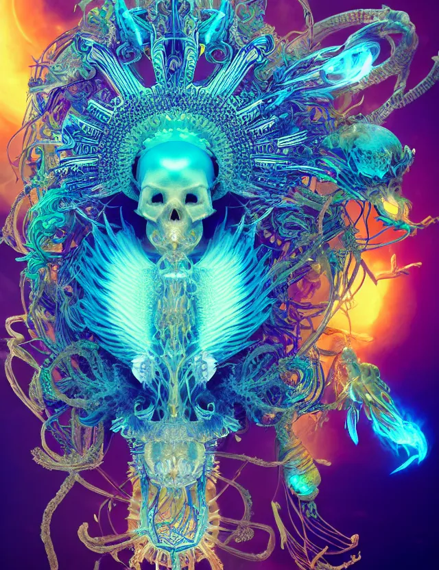 Image similar to goddess phoenix macro close - up portrait with crown made of ram skull. phoenix, betta fish, jellyfish, bioluminiscent, plasma, ice, water, wind, creature, super intricate ornaments artwork by tooth wu and wlop and beeple and greg rutkowski