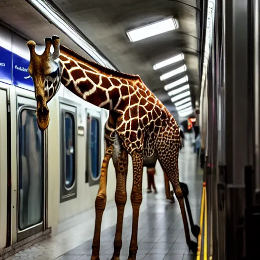 Image similar to giraffe mixed with human hybrid creature, in new york subway station, 4 k hdr 1 0 0 mp camera