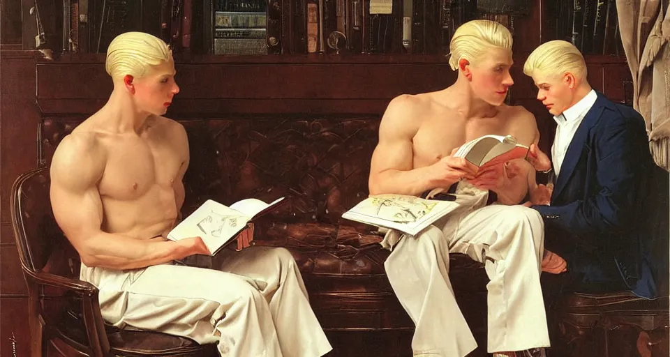 Prompt: A painting of a pale strong muscular gentleman reading a book to his blond male beloved, with beautiful long platinum blond hair, by Leyendecker and Norman Rockwell