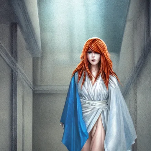 Image similar to maiden with copper hair, in blue and silver rustic wedding robes with metallic inlays, walking down a marble stairwell, realistic, mysterious lighting, muted colors, fog, highly detailed, digital painting, Artstation trending, illustration, artist style anime realism