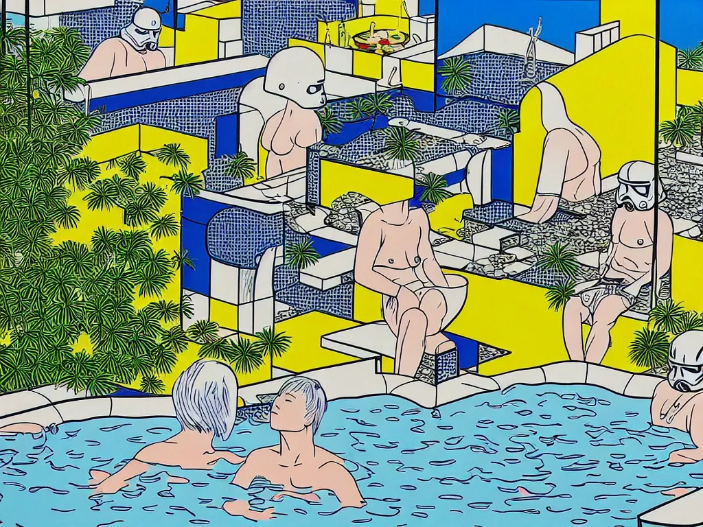 Image similar to hyperrealism composition of the japanese house with a hot springs in the garden, two detailed stormtroopers bathe in a hot spring, pop - art style, jacky tsai style, andy warhol style, roy lichtenstein style, acrylic on canvas