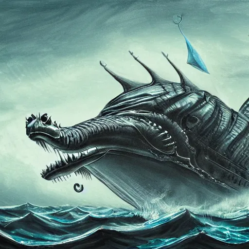 Prompt: sea monster looks like ship, deep dark sea, marine animal, highly detailed, digital painting, smooth, sharp focus