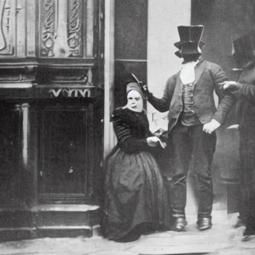 Image similar to queen victoria robbing a bank, 1870s photo