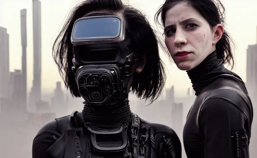 Prompt: cinestill 5 0 d photographic portrait by helen levitt of two loving female cyborgs wearing sexy black techwear in a brilliant cyberpunk city, extreme closeup, modern cyberpunk, dust storm, 8 k, hd, high resolution, 3 5 mm, f / 3 2, ultra realistic faces, intricate detail, ex machina