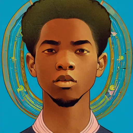 Image similar to colourful upper half portrait of an african boy - in japanese retro poster design illustration style, art by hsiao - ron cheng & alphonse mucha, highly detailed, digital painting, illustration, smooth, sharp focus, intricate, symmetry, pinterest, behance,