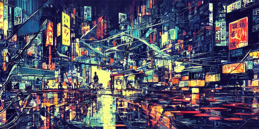 Prompt: painting, yoji shinakawa, studio gainax, neo-noir cyberpunk city, dynamic perspective, wires, street