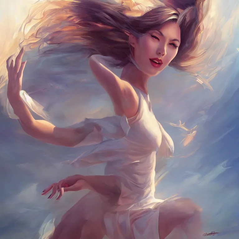 Image similar to dancer in the wind by christopher balaskasand artgerm, retrofuturism, trending on artstation