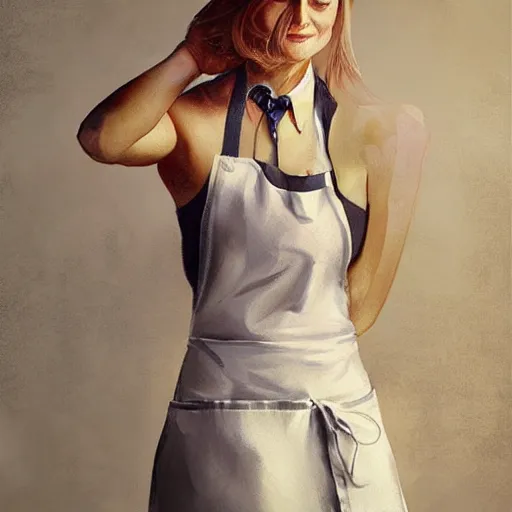 Prompt: sexy posing portrait of jodie foster dressed an apron dress, cooking a cake in the kitchen, sharp focus, illustration, highly detailed, digital painting, concept art, art by wlop and greg cinematic lighting