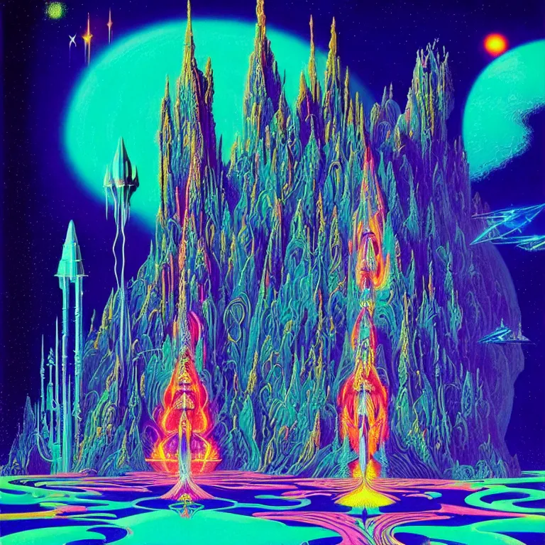 Image similar to mysterious cosmic rocket hovering over magical haunted diamond temple, infinite hallucinogenic fractal waves, # f 2 2 2 ff # 8 c 1 eff synthwave, bright neon colors, highly detailed, cinematic, eyvind earle, tim white, philippe druillet, roger dean, ernst haeckel, lisa frank, aubrey beardsley, kubrick, kimura