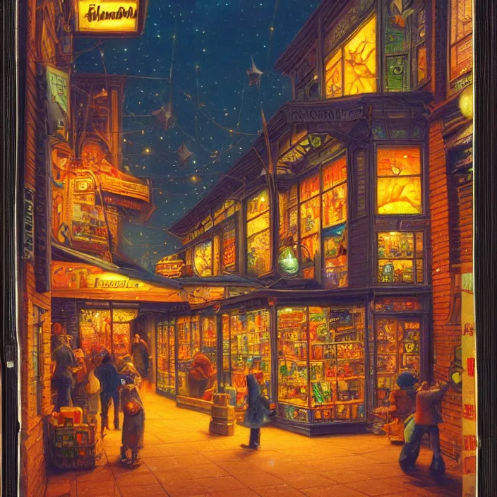 Prompt: liminal polaroid of a toy shop at night, art by tim hildebrandt, deep depth of field. highly detailed, hyper realism, hd, 4 k