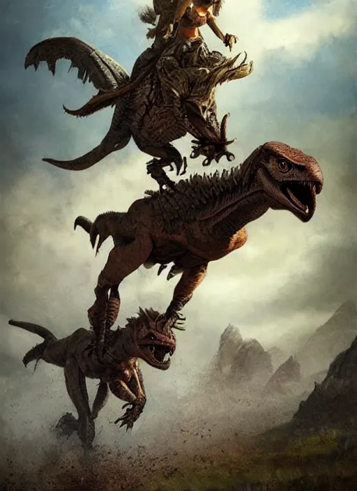 Image similar to hyper realistic photo of prehistoric milla jovovich riding on a raptor, full body, rule of thirds, conceptart, saturated colors, cinematic, greg rutkowski, brom, james gurney, mignola, craig mullins, artstation, cgsociety