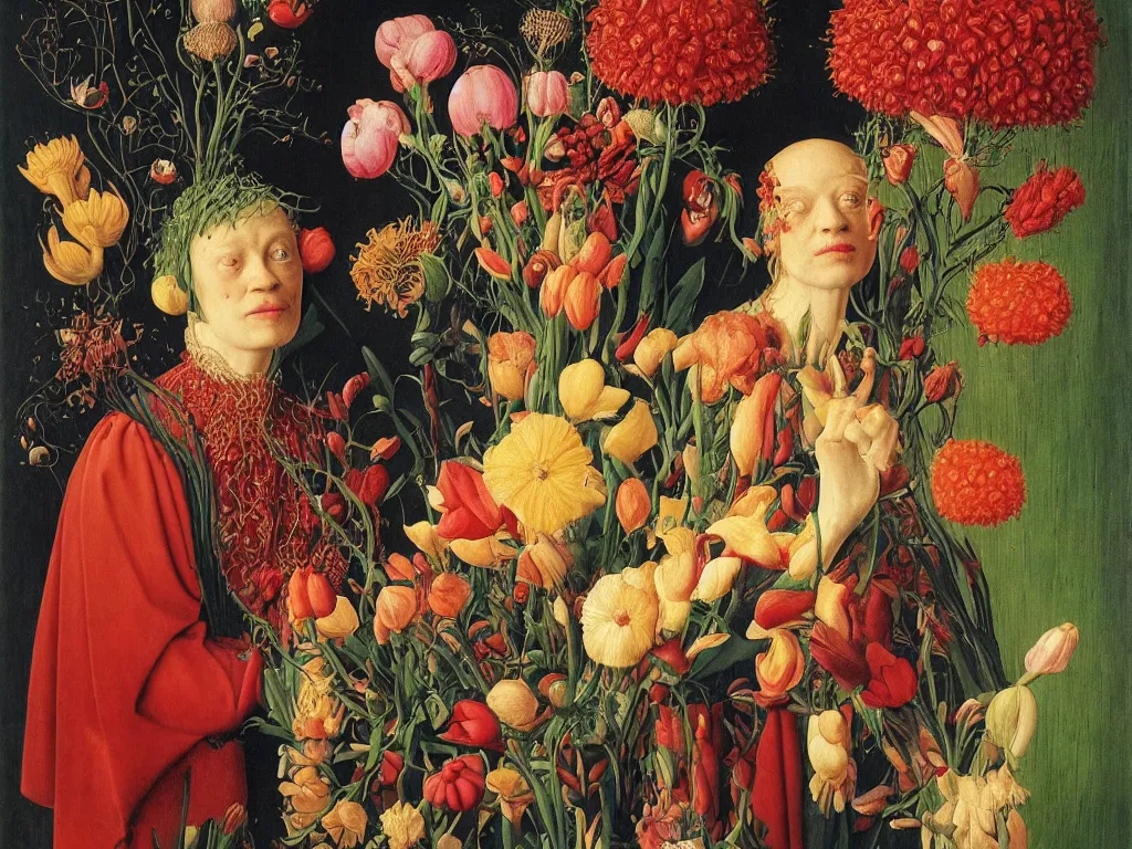 Image similar to Portrait of Meth addict with beautiful, exotic flowers. Painting by Jan van Eyck, Audubon, Maria Sybilla Merian, Rene Magritte, Agnes Pelton, Max Ernst, Walton Ford