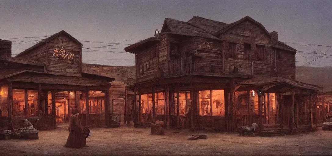 Prompt: from a movie scene, painting of a beksinski western saloon exterior in old town, gregory crewdson, cinematic wide shot