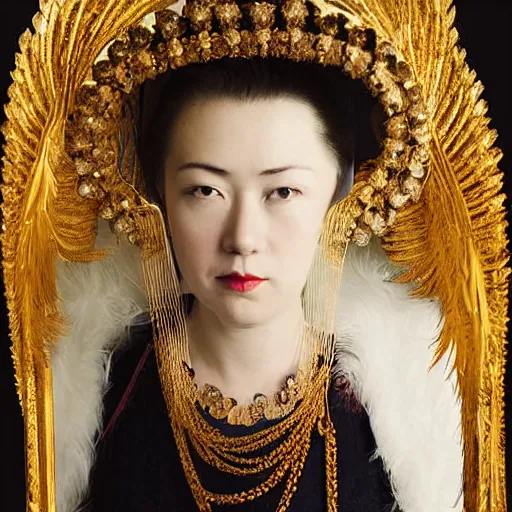Image similar to a wide full shot, russian and japanese mix 1 9 0 0 s historical fantasy of a photograph portrait taken of a royal gold leaf tiara with intertwined white feathers, photographic portrait, warm lighting, from an official photographer from the royal museum. displayed in a museum.