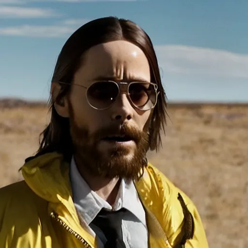 Image similar to Live Action Still of Jared Leto dressed as and playing Walter White in Breaking Bad, real life, hyperrealistic, ultra realistic, realistic, highly detailed, epic, HD quality, 8k resolution, body and headshot, film still