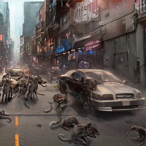 Image similar to a movie by James Cameron showing a gritty, futuristic street being swarmed by rabies infected cybernetic rats.